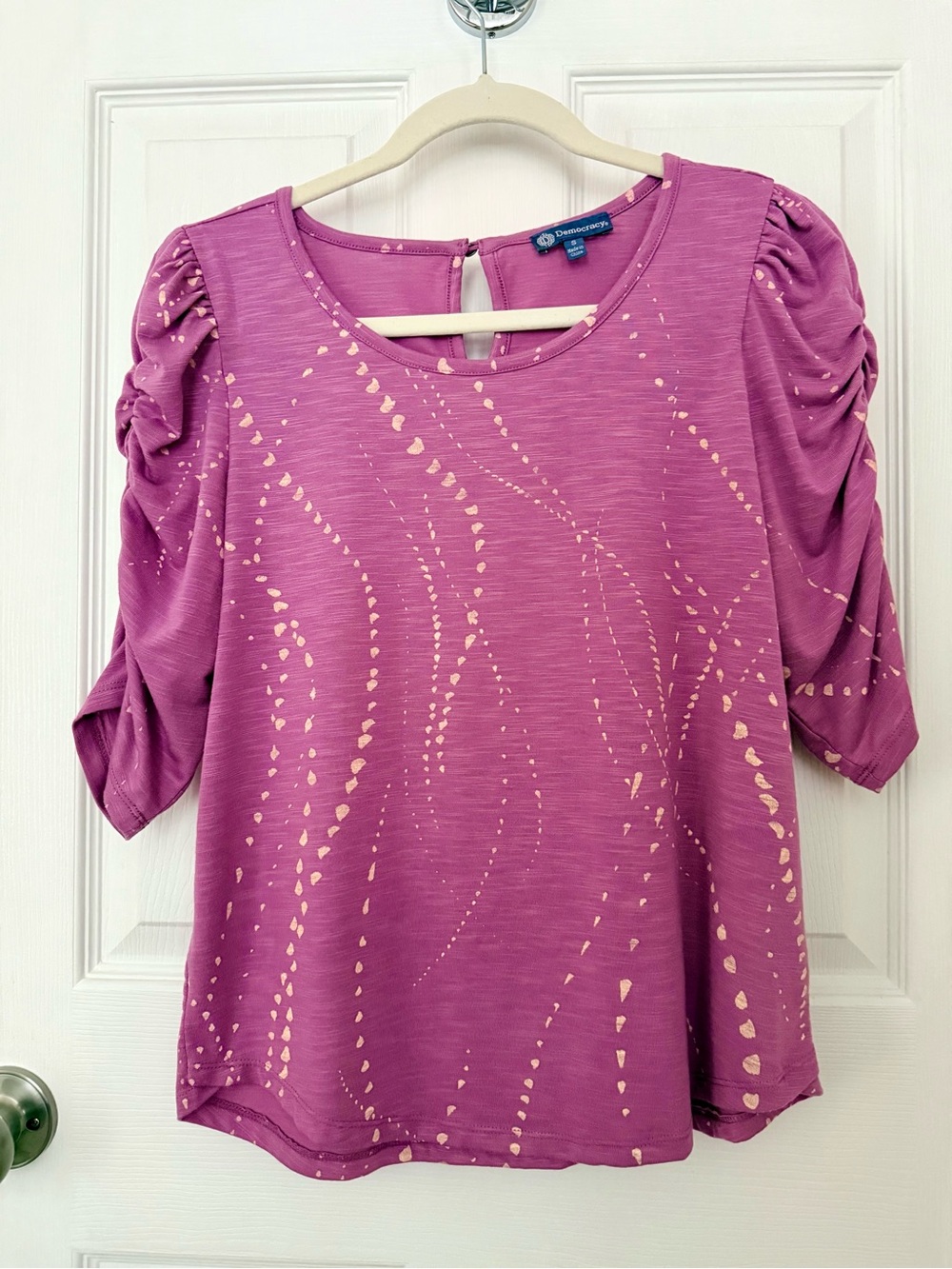 Democracy Magenta Ruched Elbow Sleeve Scoop Neck Dot Print Knit Top Size S